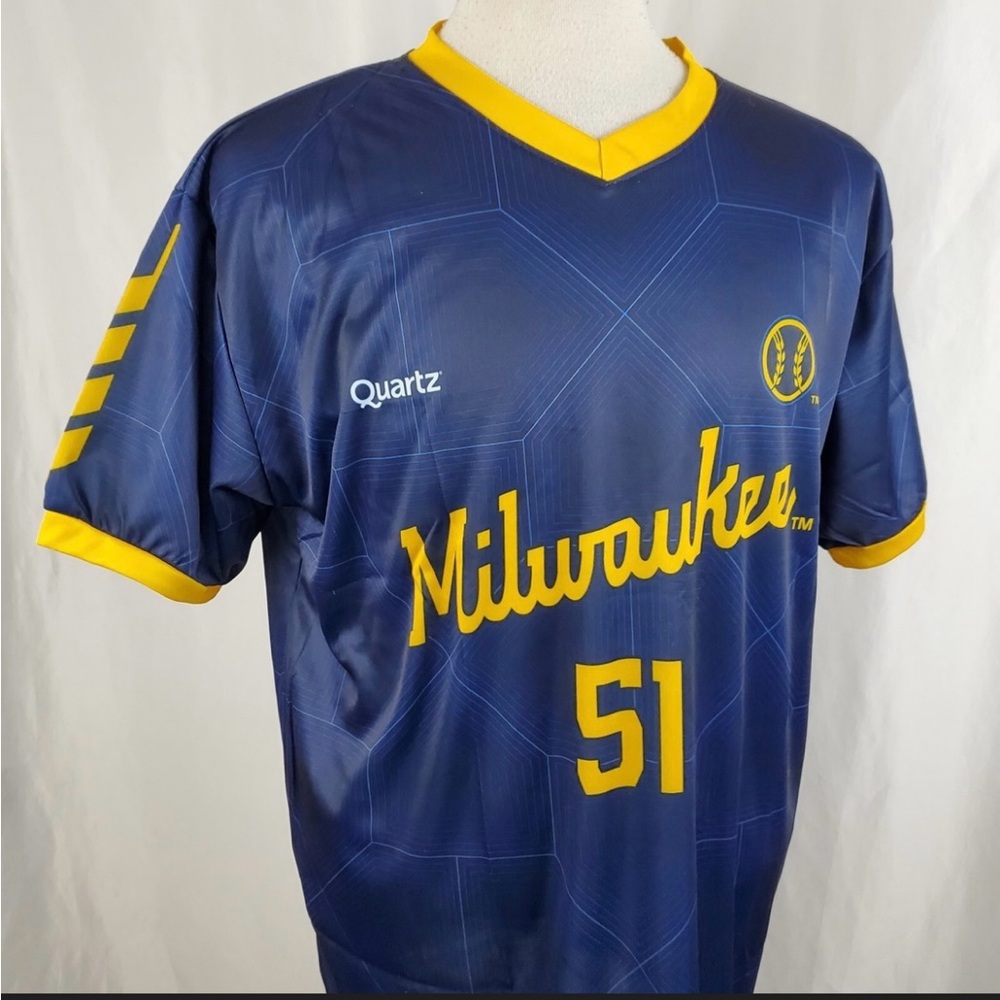 Milwaukee Brewers Freddy Peralta soccer-style specialty jersey.